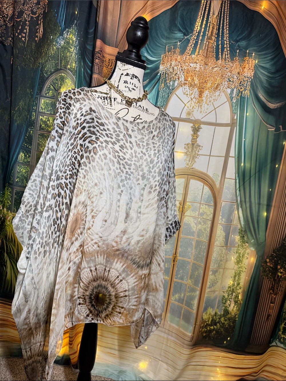 Lightweight Silk Animal-Print Poncho Resort Top in White, Gold, Brown Medium